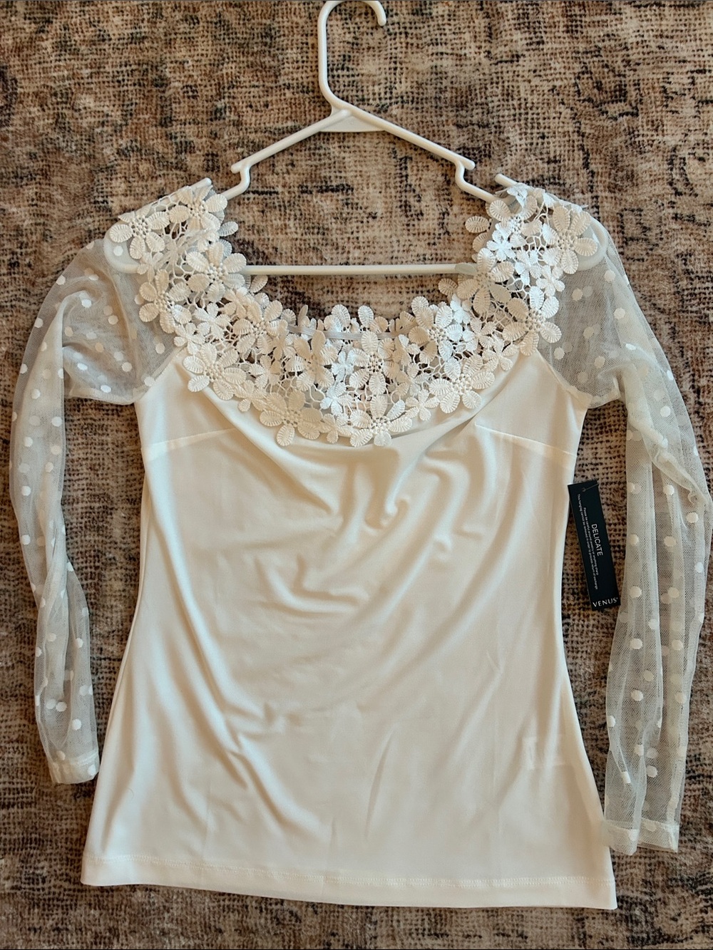 Venus Ivory Floral Lace Neckline Top with Polka Dot Mesh Sleeves